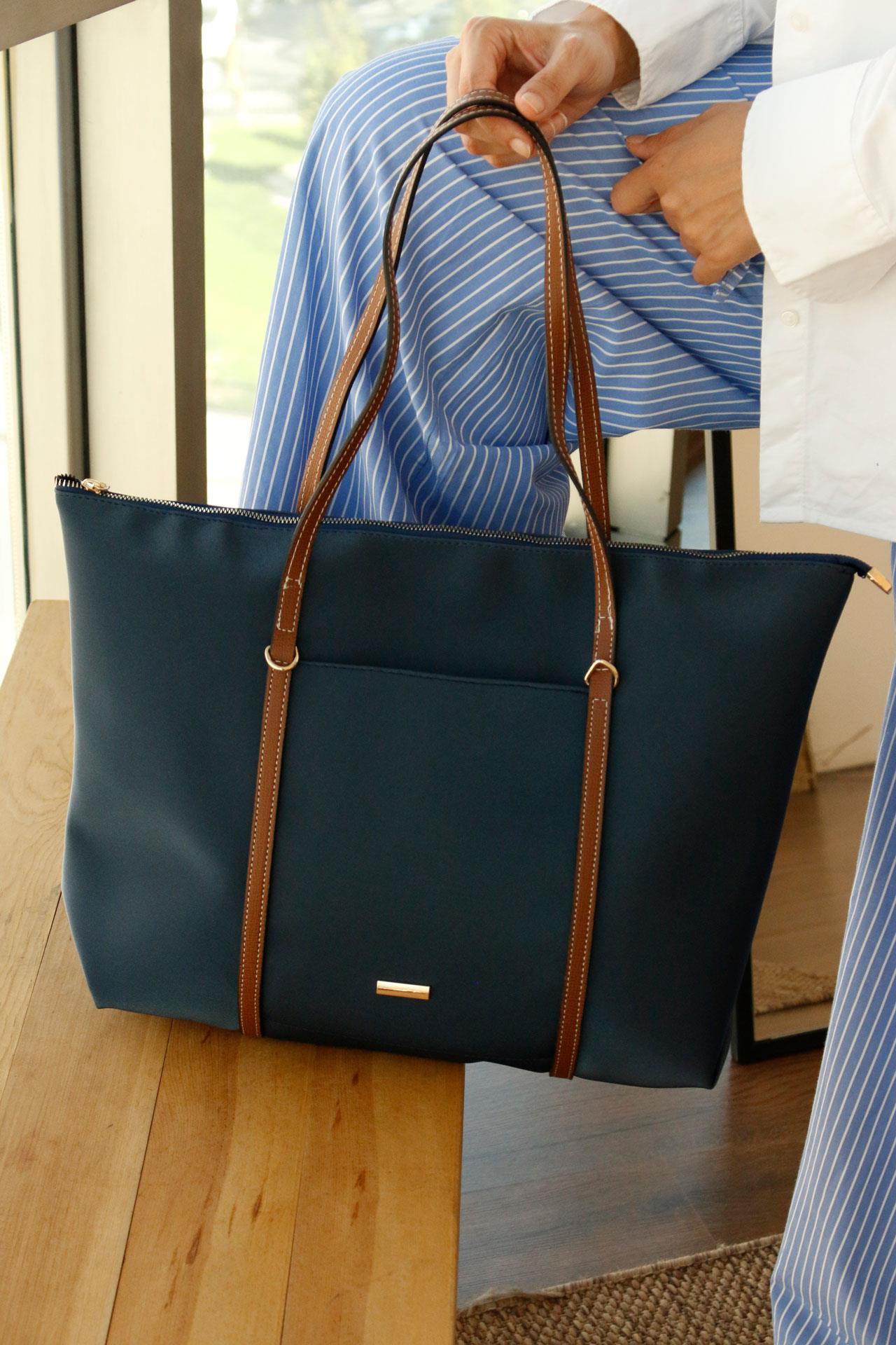 Lacivert  Şeritli Shopper Omuz Çantası