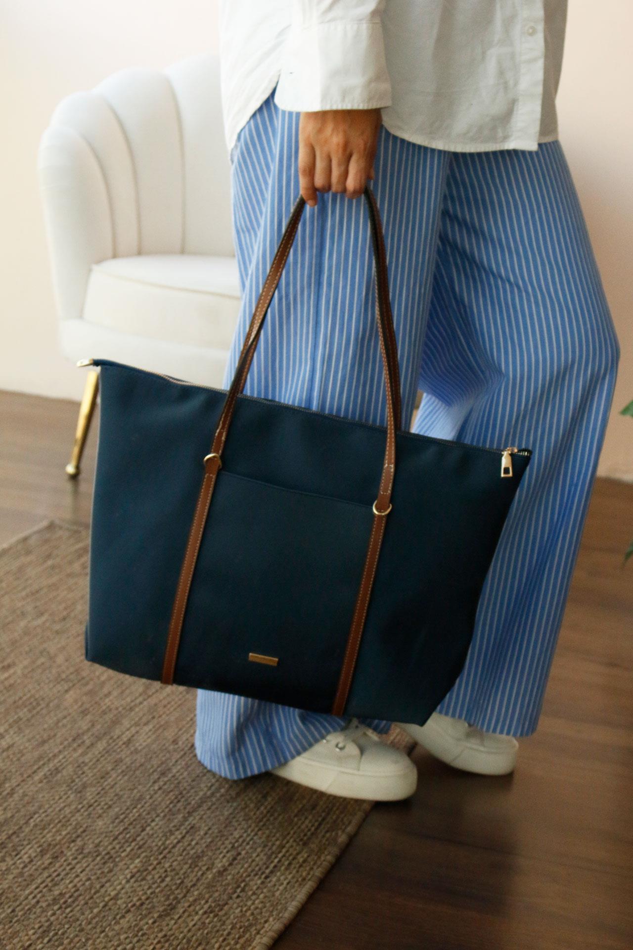 Lacivert  Şeritli Shopper Omuz Çantası