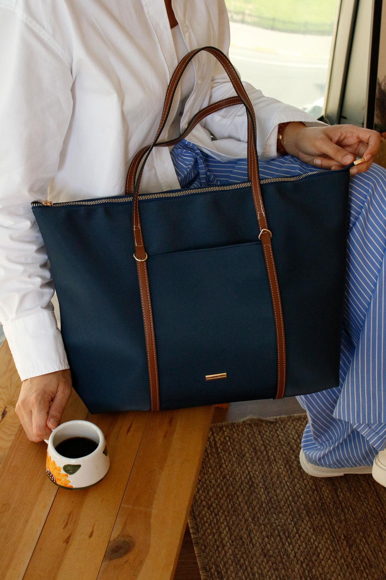 Lacivert  Şeritli Shopper Omuz Çantası