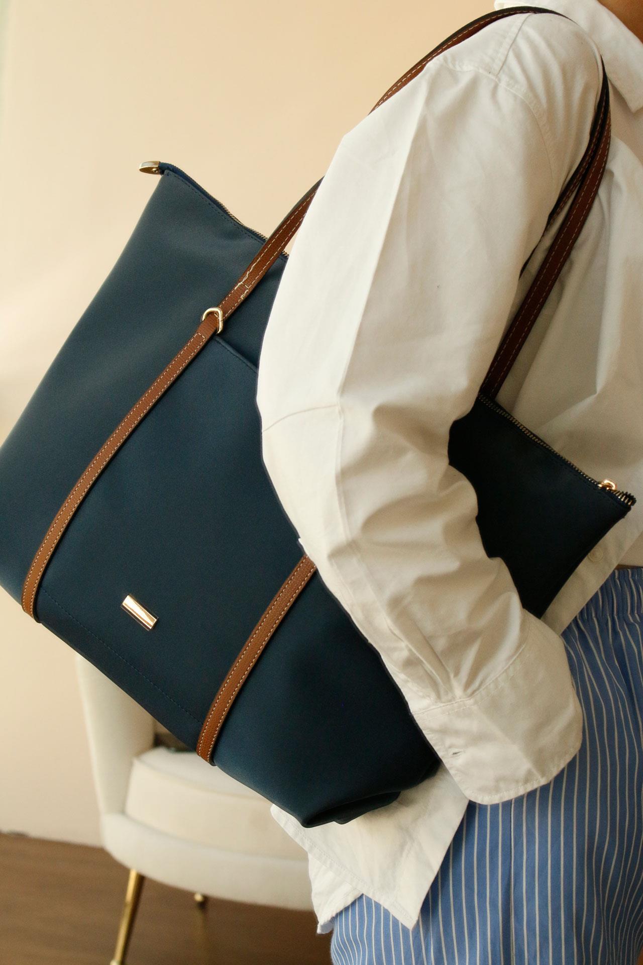 Lacivert  Şeritli Shopper Omuz Çantası