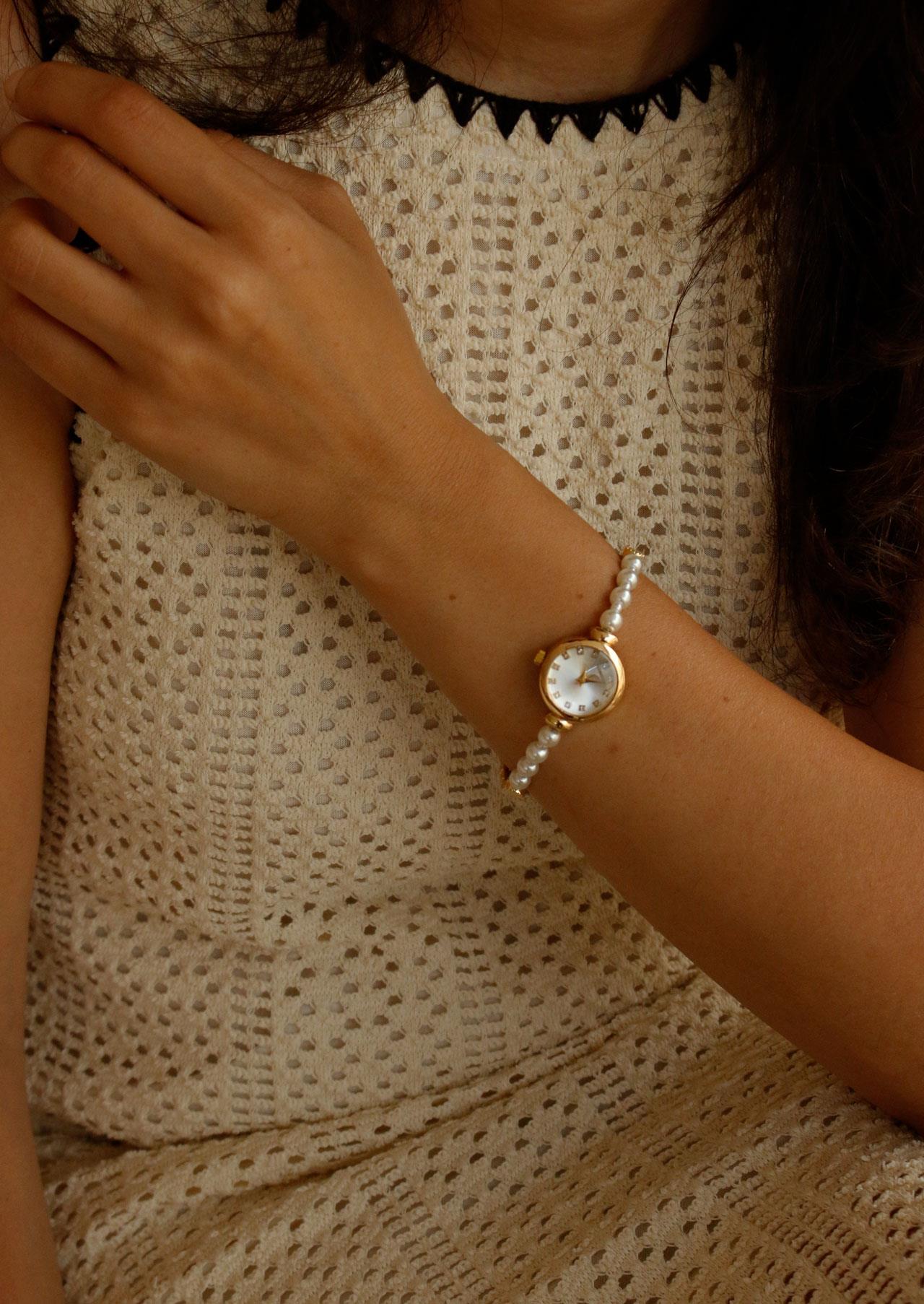 Pearl Gold Yuvarlak Metal İncili Kol Saati 14