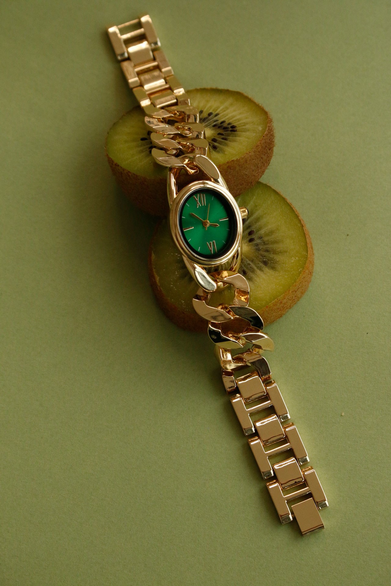 Premium Aveny Oval Gold Metal Kol Saati(yeşil kadran)