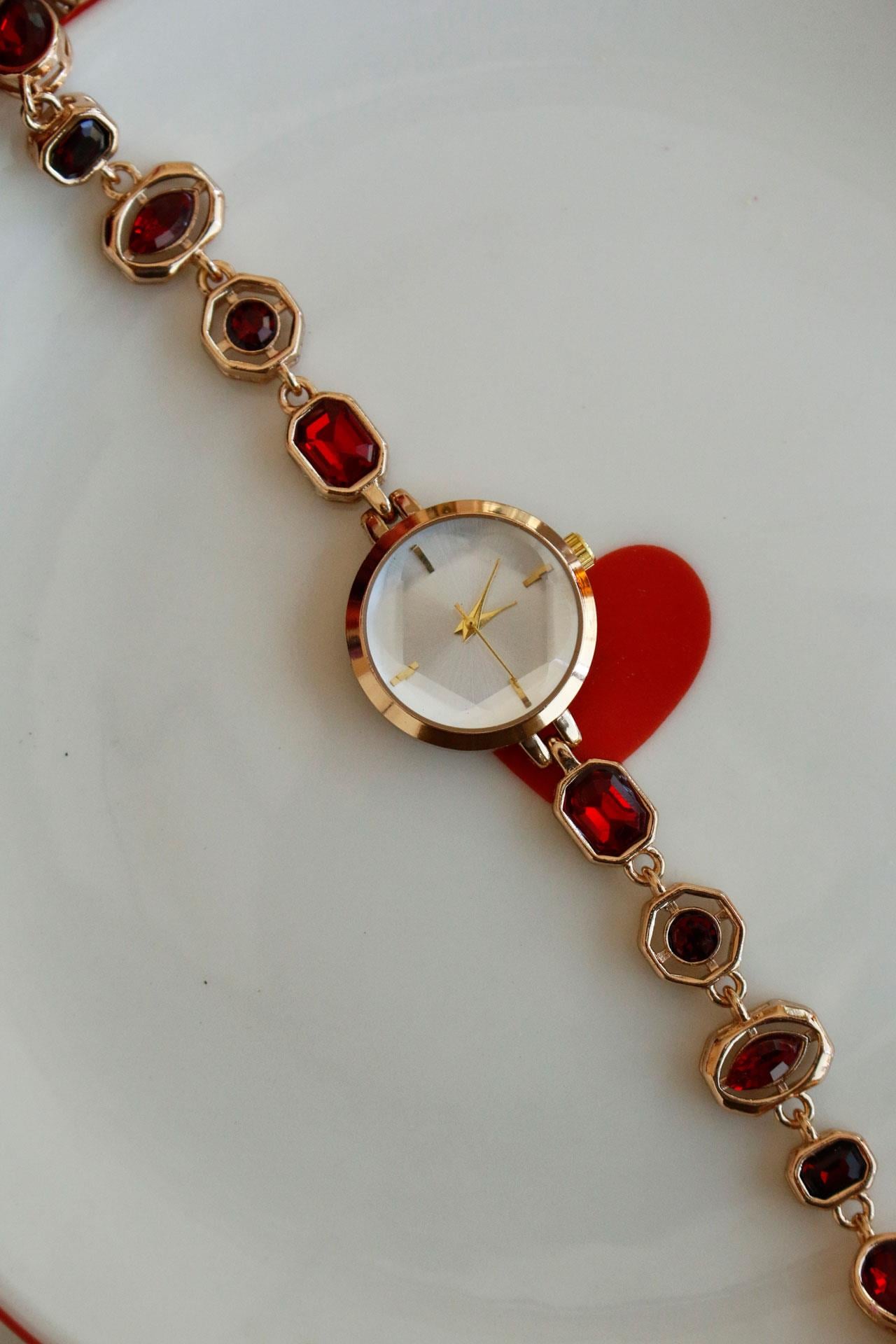 Valert Bordo Taşlı Gold Metal Kol Saati