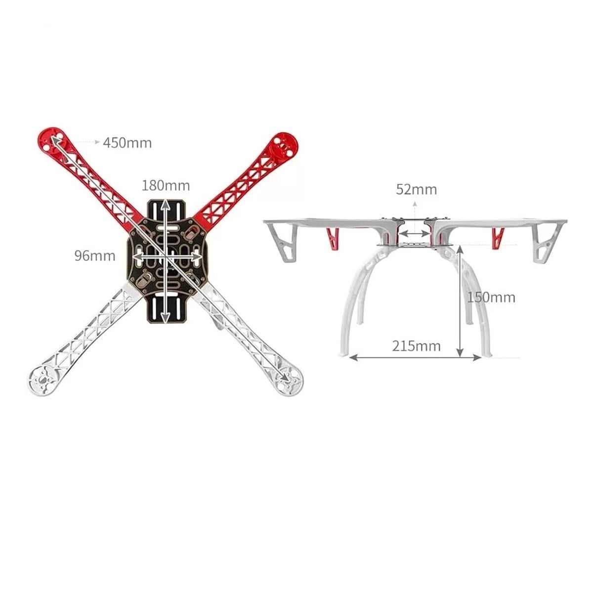 Kompent_F450 Frame Kit Kırmızı + Beyaz Kollar ve İniş Ayaklı