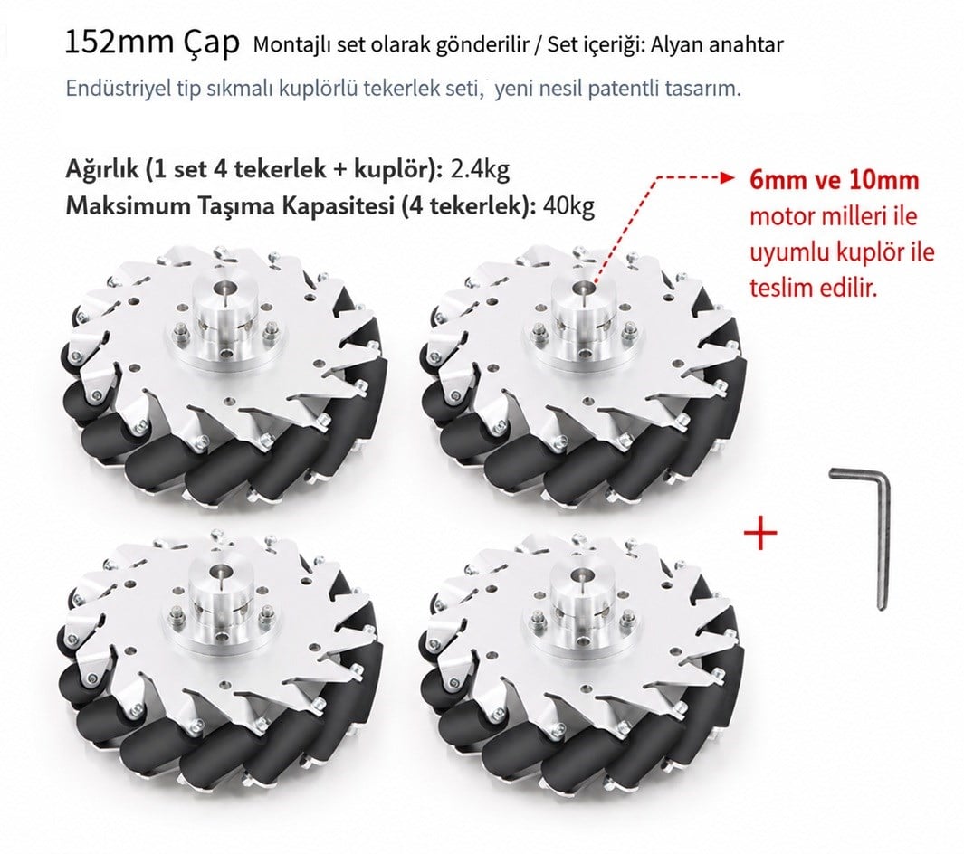 Kompent_Mecanum Tekerlek Seti 40 Kg Yük Kapasitesi 152mm 6inç (2 Sağ Tekerlek 2 Sol Tekerlek)