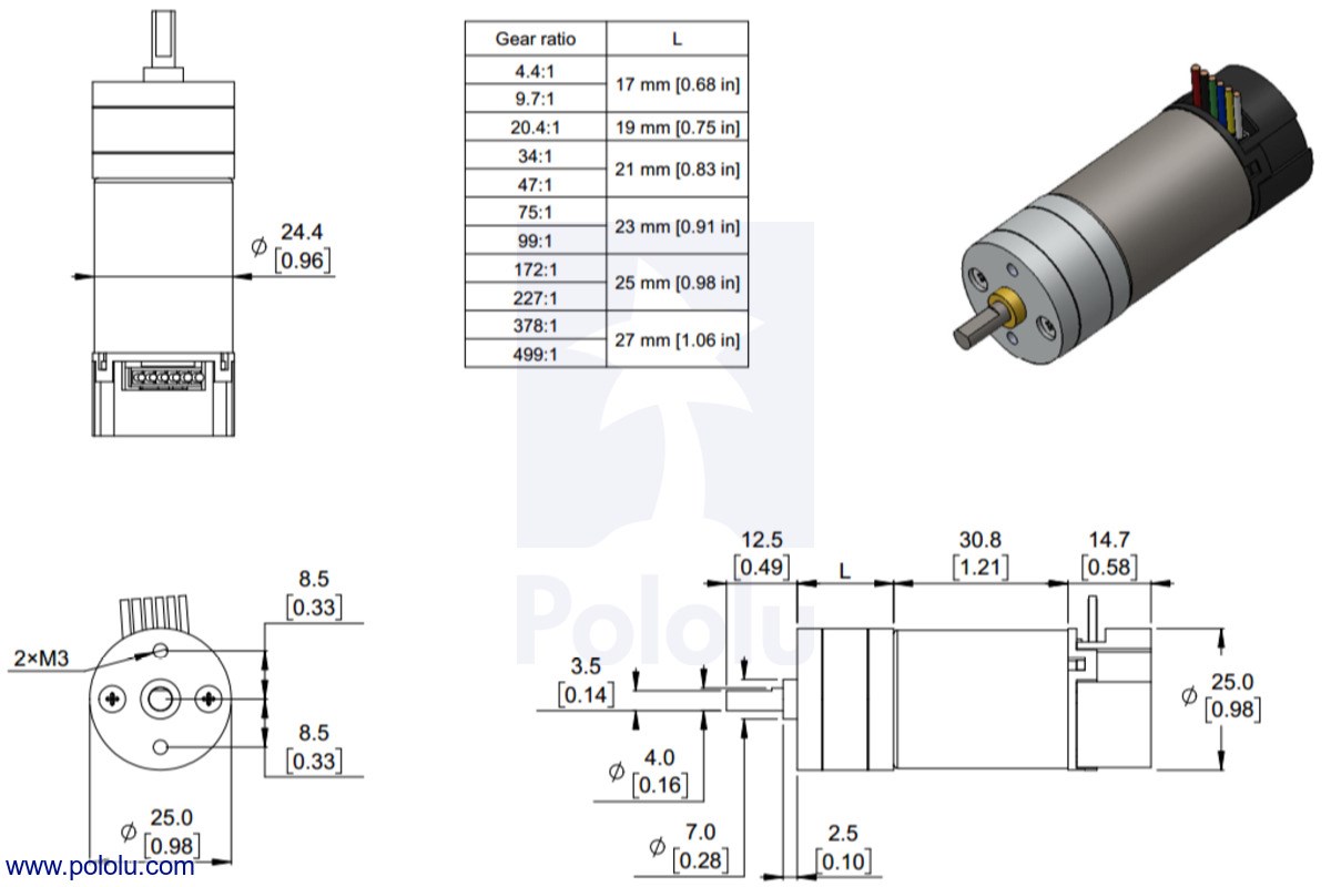 Kompent_Pololu 4842 9.7:1 Redüktörlü DC Motor 25D × 63L mm HP 12V 48 CPR Enkoderli
