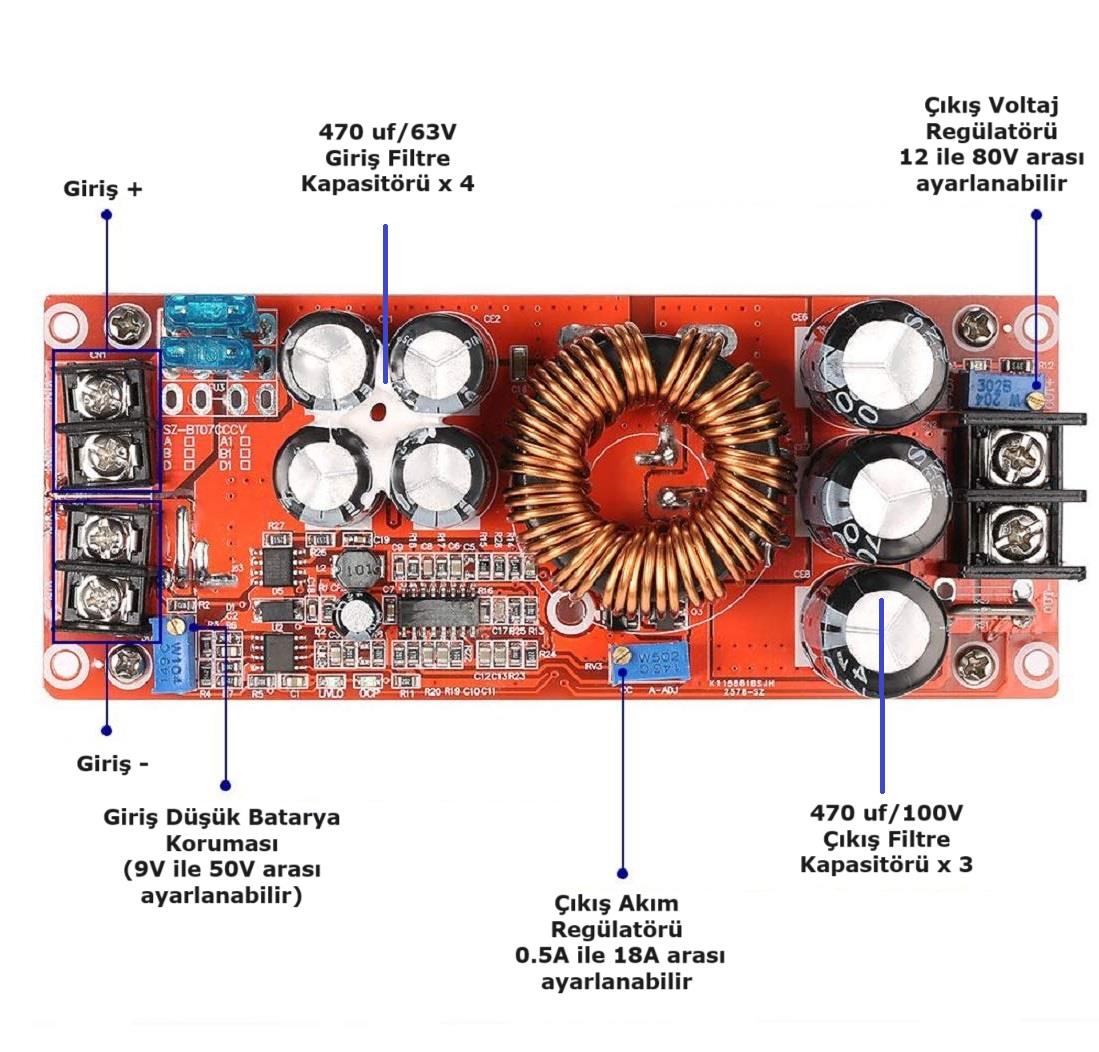 KompentDC DC 1200W Voltaj Yükseltici Boost Modülü 20A