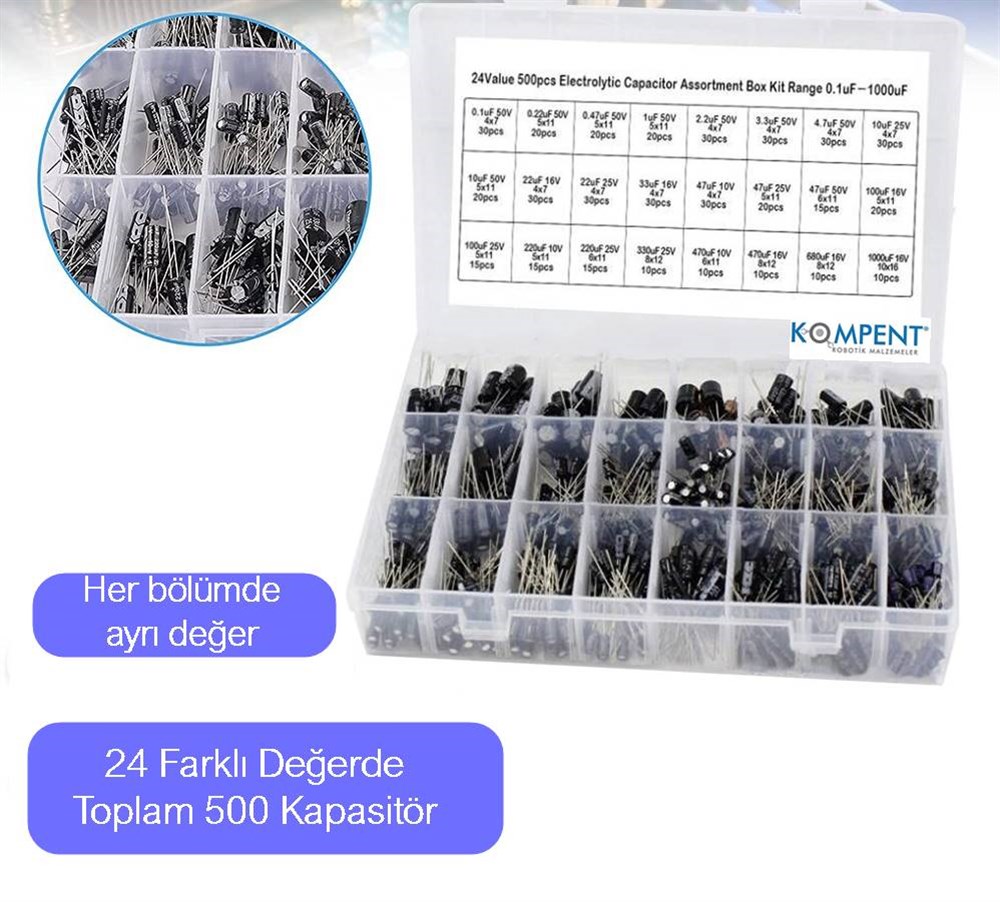 KompentElektrolitik Kondansatör (Kapasitör) Seti 24 Çeşit 500 Adet - Kutulu