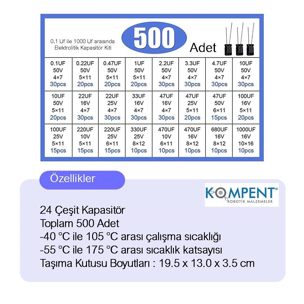 KompentElektrolitik Kondansatör (Kapasitör) Seti 24 Çeşit 500 Adet - Kutulu