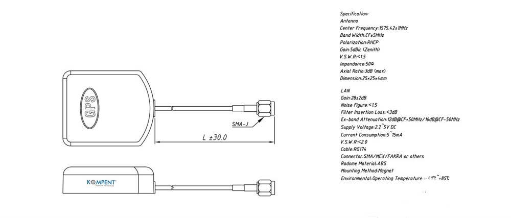 KompentGPS Anten 28DB Kazanç SMA Erkek Konnektör