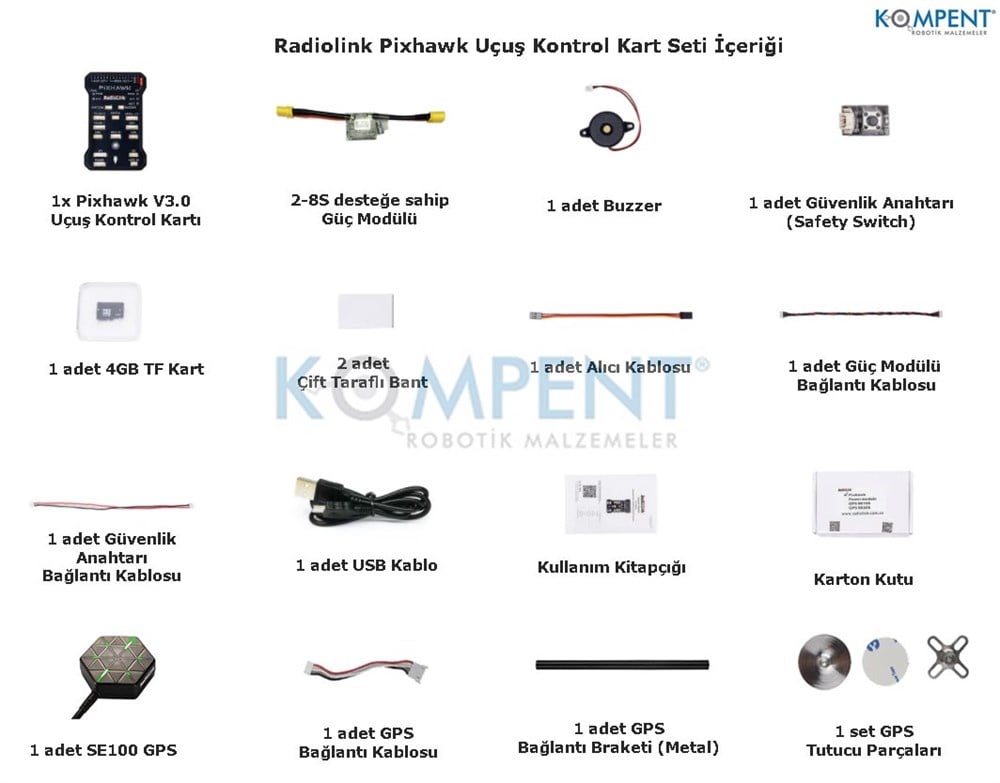 KompentOrijinal Radiolink Pixhawk Uçuş Kontrol Kart Seti - Güç Modülü ve SE100 M8N GPS ile birlikte
