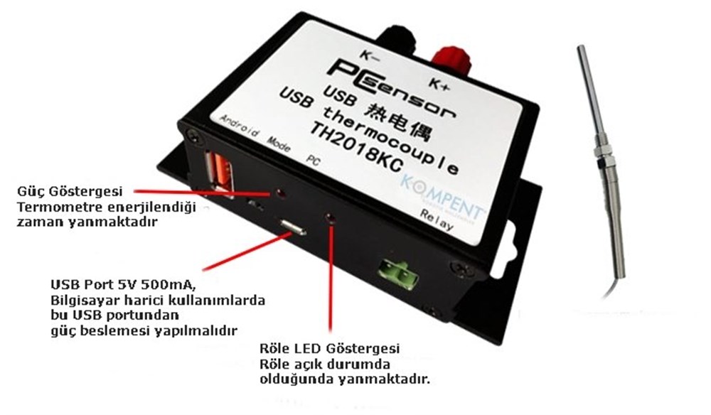 KompentPC Sensor TH2018KC USB Termokupl Termometre (Android Telefonlar ile uyumlu)