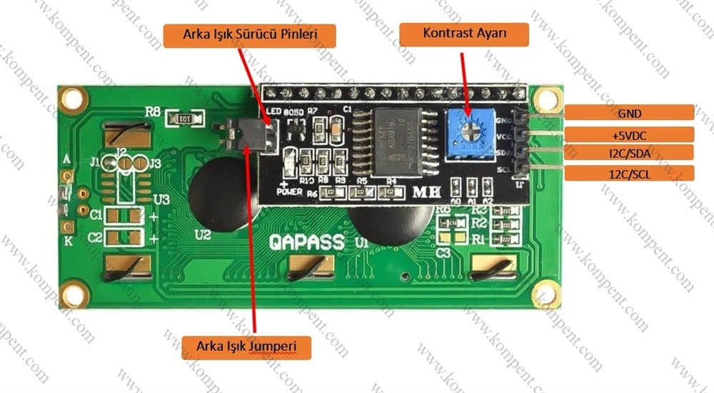 LCD1602 16x02 I2C LCD Ekran Mavi Arka Işık