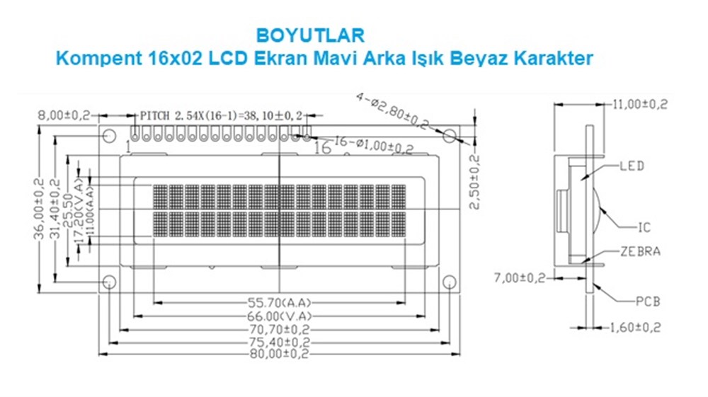 LCD1602 16x02 LCD Mavi Arka Işık