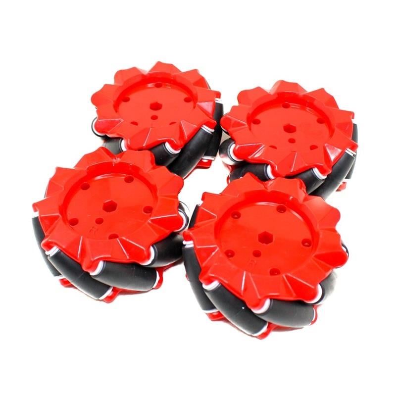 PARASUT80mm Mecanum Tekerlek Seti 6.7mm Kaplin Dahil Kırmızı (4’lü Mecanum Tekerlek 2 Sağ + 2 Sol)