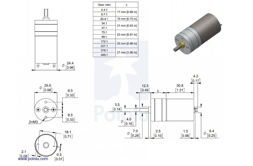 PARASUTPololu 3202 9:7:1 Redüktörlü DC Motor 25Dx48L mm HP 12V