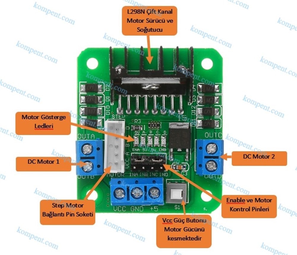 Yeşil L298N Çift Motor Sürücü Kartı