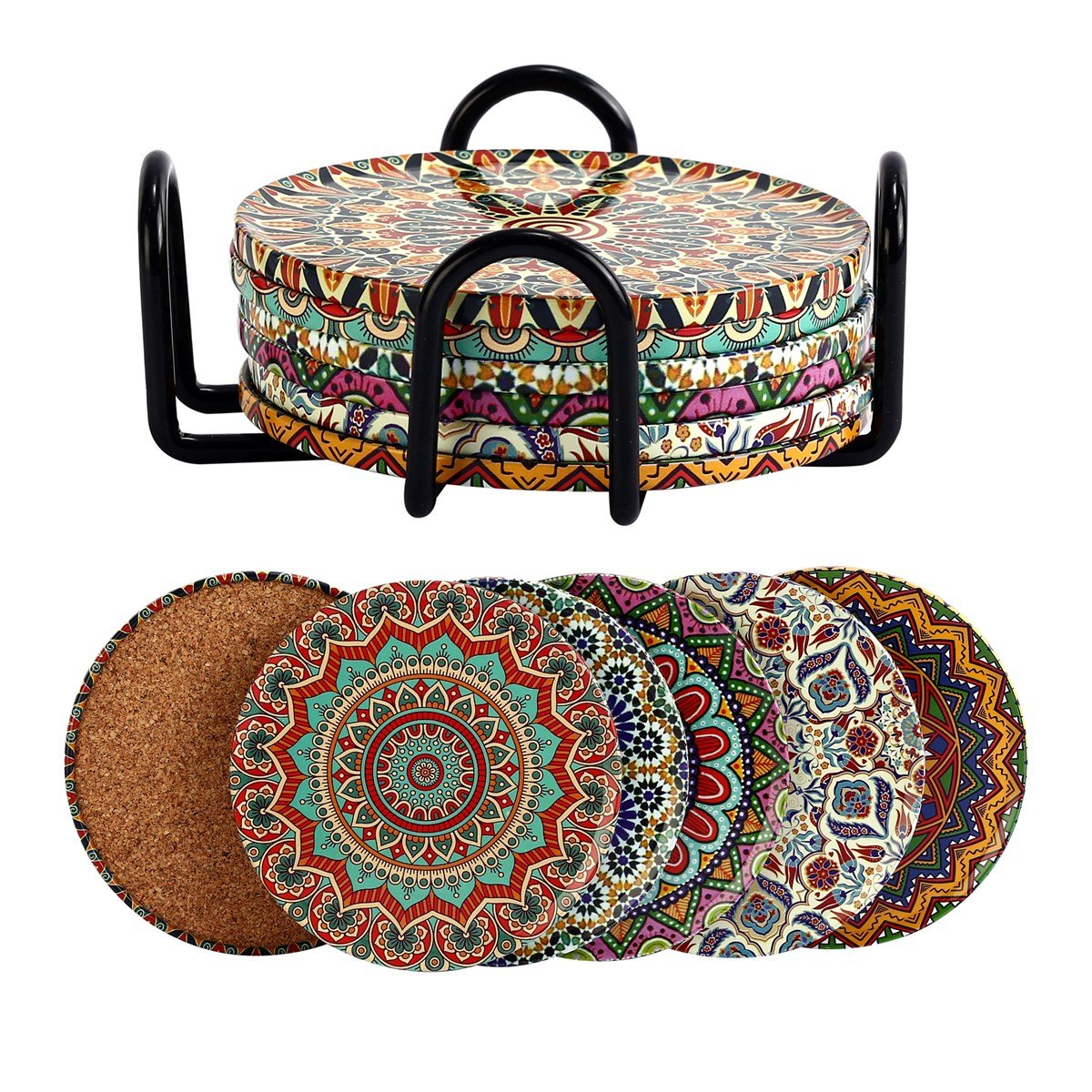 6 lı Çini Desenli (Autum) Metal Bardak Altlığı ve Metal Stand