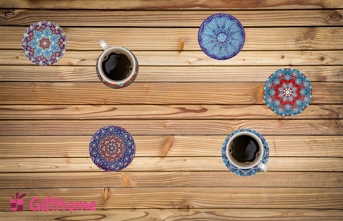 6 lı Çini Desenli (Ocean) Metal Bardak Altlığı ve Metal Stand