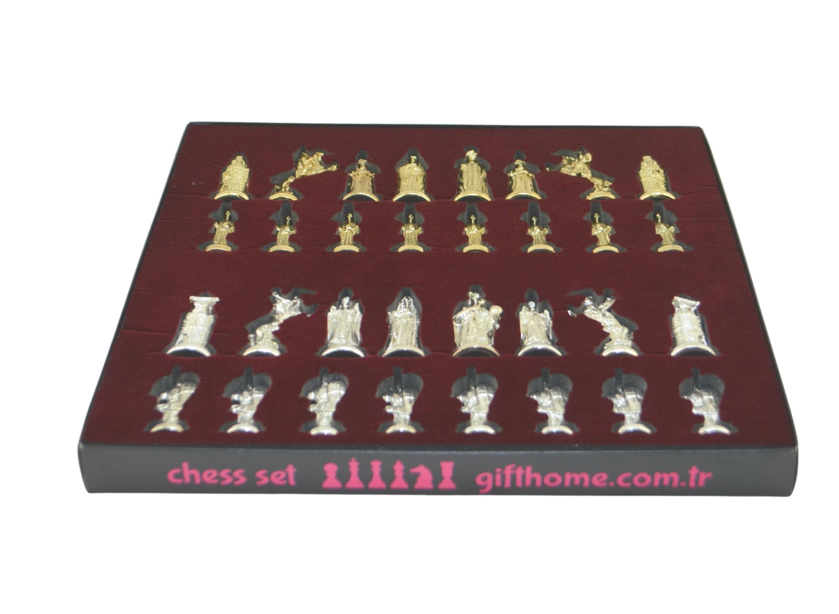 Büyük Boy Metal Osmanlı Bizans Satranç Takımı Parlak ve Sedef Desenli MDF Ahşap Satranç Tahtası (37x37 cm.)