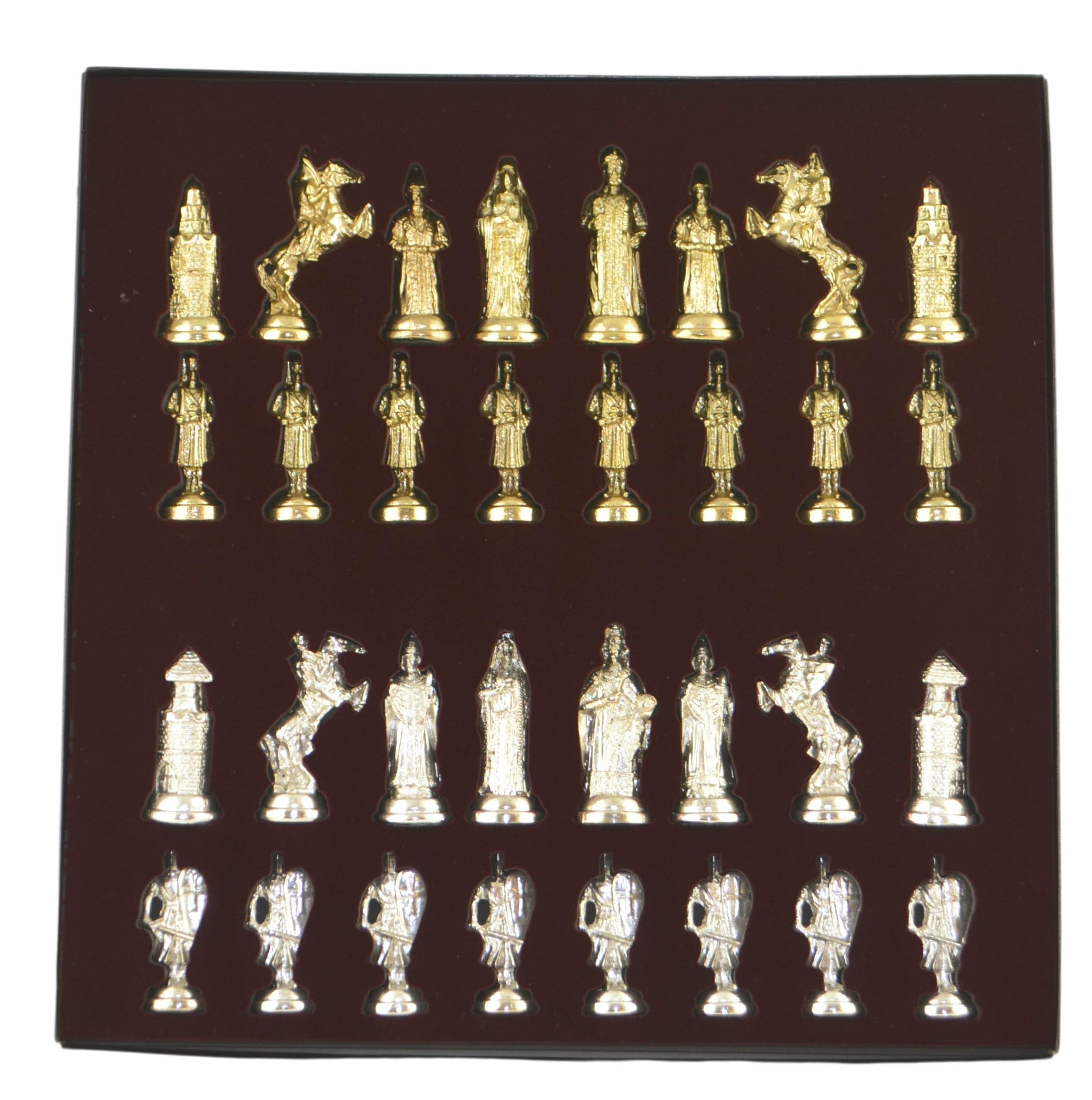 Büyük Boy Metal Osmanlı Bizans Satranç Takımı Parlak ve Sedef Desenli MDF Ahşap Satranç Tahtası (37x37 cm.)