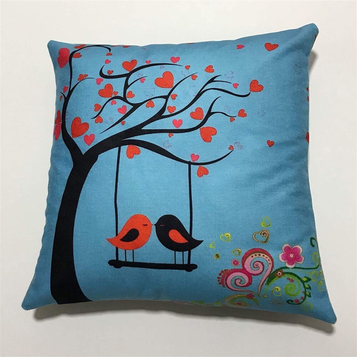 Dekoratif Baskılı Kırlent Kılıfı-Salıncaktaki Aşık Serçeler