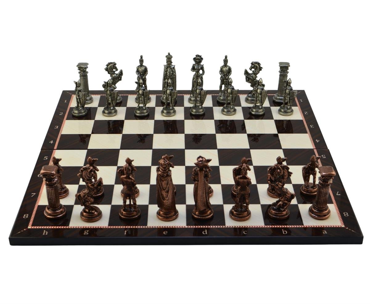 GiftHome Battal Boy Metal İNGİLİZ Satranç Takımı Antik ve Katlanır Ceviz Desenli MDF Satranç Tahtası (43X43 cm.)