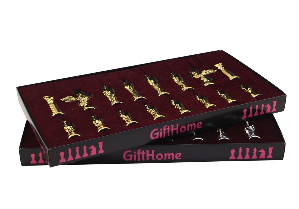 GiftHome Battal Boy Metal PEGASUS Satranç Takımı Parlak ve Katlanır Ceviz Desenli MDF Satranç Tahtası (43X43 cm.)