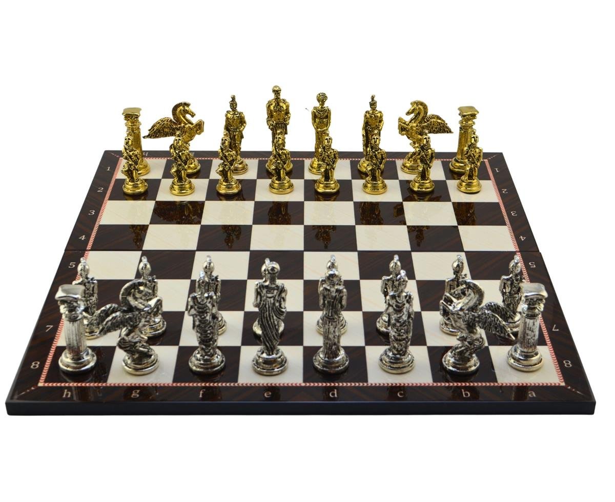 GiftHome Battal Boy Metal PEGASUS Satranç Takımı Parlak ve Katlanır Ceviz Desenli MDF Satranç Tahtası (43X43 cm.)