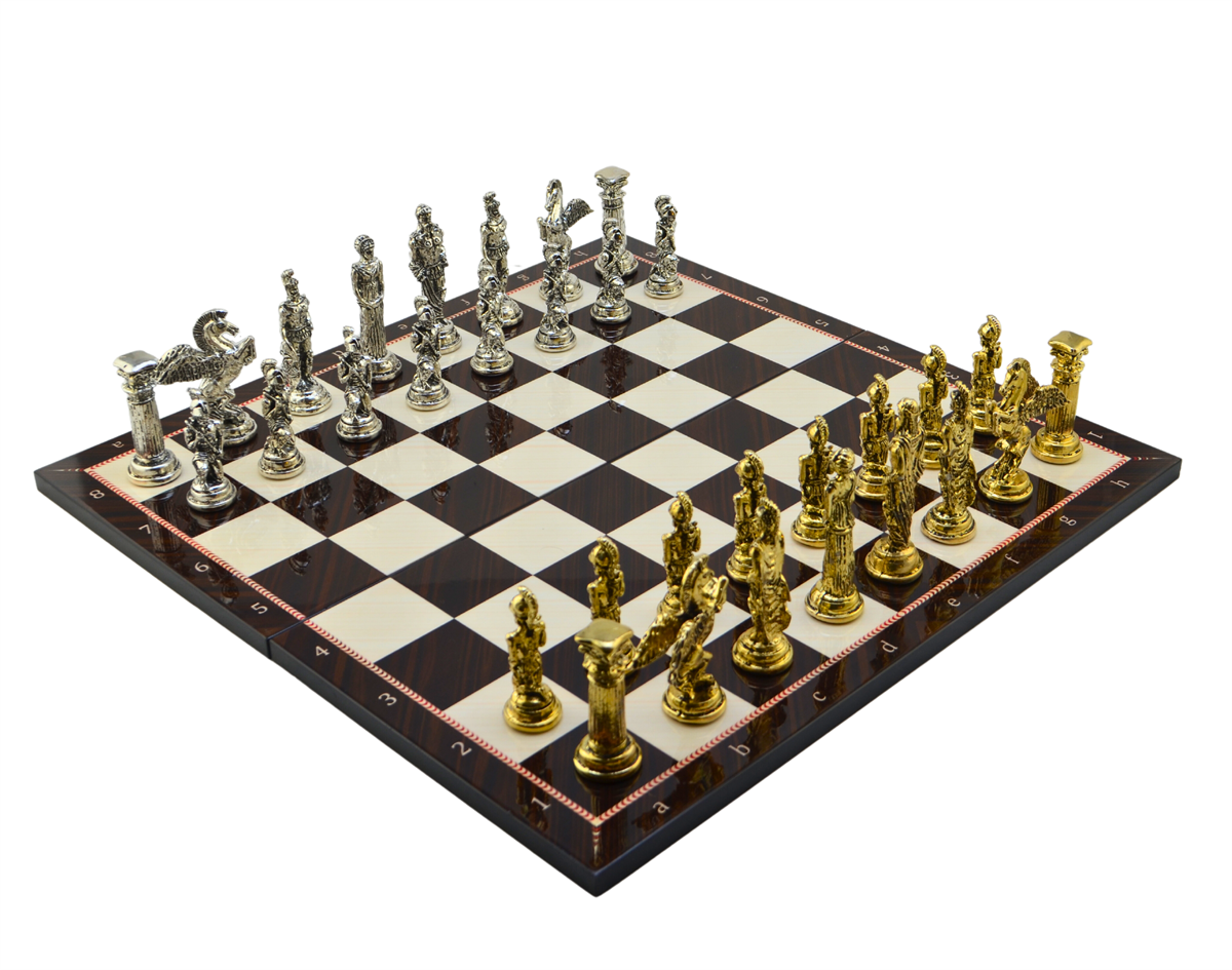 GiftHome Battal Boy Metal PEGASUS Satranç Takımı Parlak ve Katlanır Ceviz Desenli MDF Satranç Tahtası (43X43 cm.)