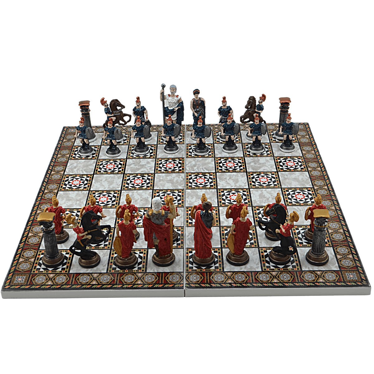 GiftHome Battal Boy Metal ROMA Pastel Satranç Takımı ve Katlanır Sedef Desenli MDF Tahtası (43X43 cm.)