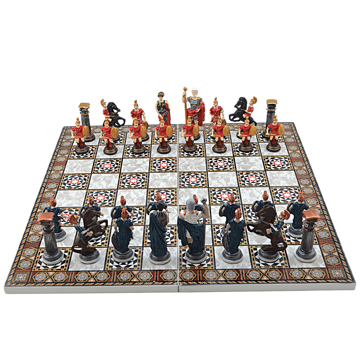 GiftHome Battal Boy Metal ROMA Pastel Satranç Takımı ve Katlanır Sedef Desenli MDF Tahtası (43X43 cm.)