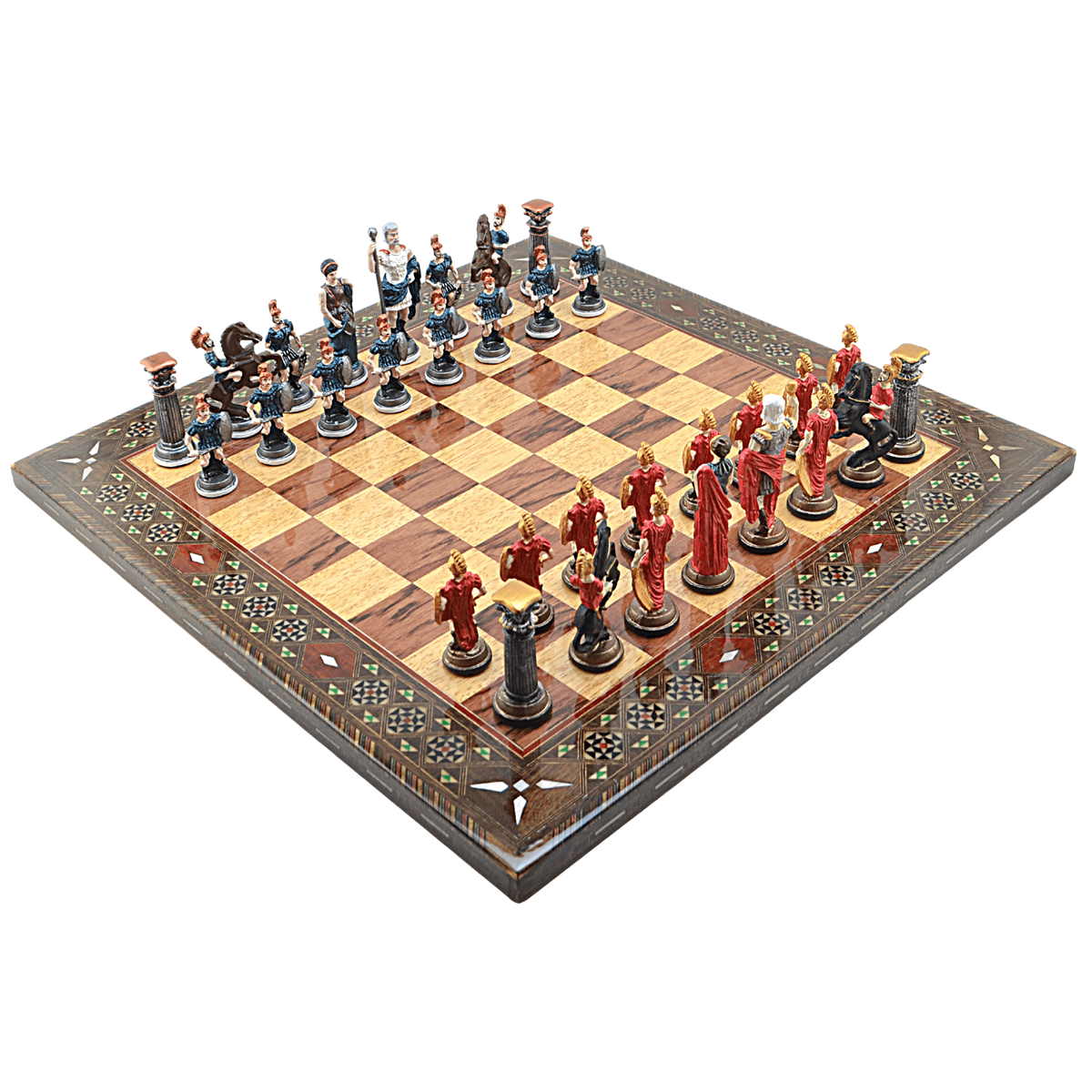 GiftHome Battal Boy Metal ROMA Pastel Satranç Takımı ve Düz Masif Ahşap Tahtası (45X45 cm.)
