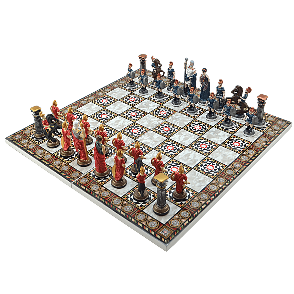 GiftHome Battal Boy Metal ROMA Pastel Satranç Takımı ve Katlanır Sedef Desenli MDF Tahtası (43X43 cm.)