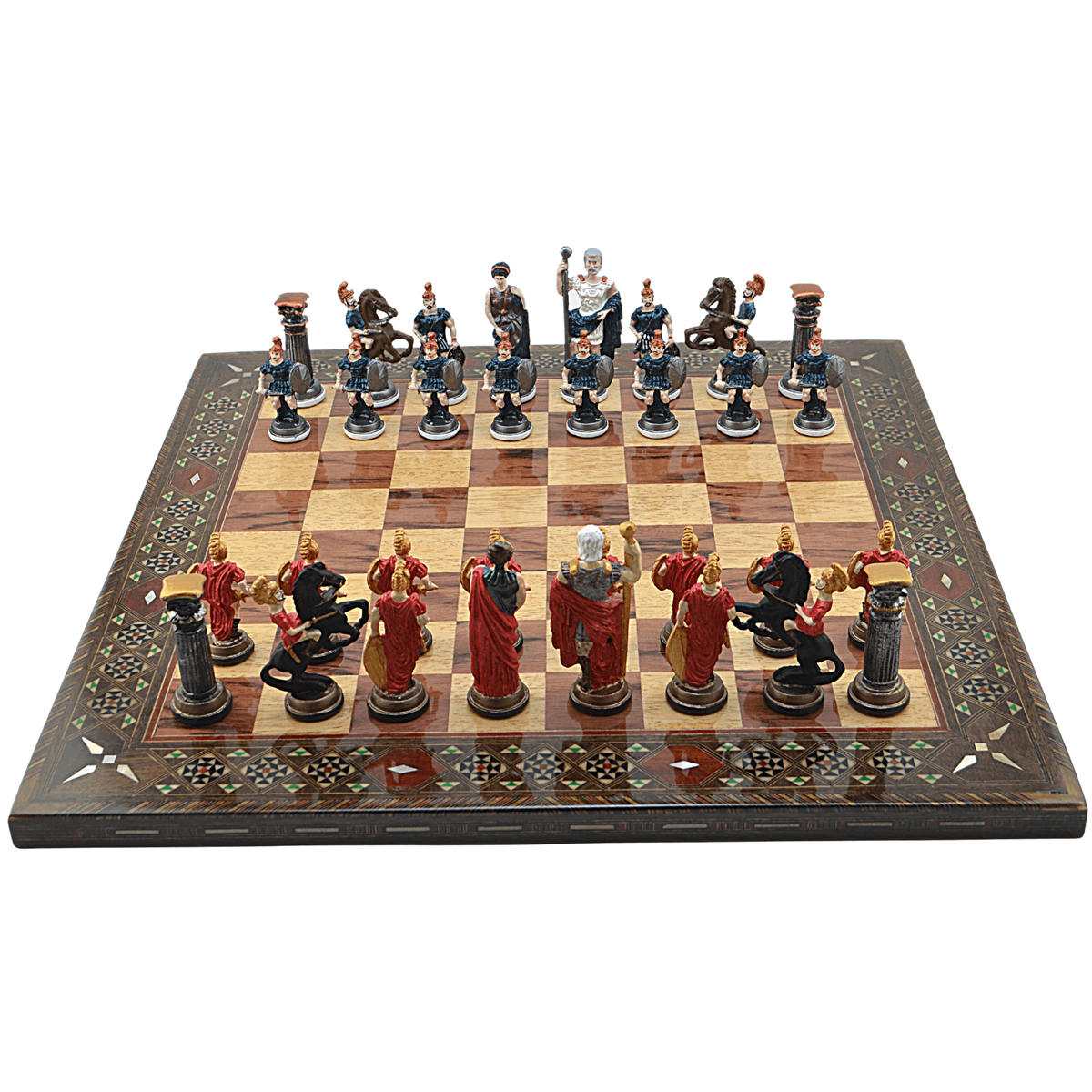 GiftHome Battal Boy Metal ROMA Pastel Satranç Takımı ve Düz Masif Ahşap Tahtası (45X45 cm.)