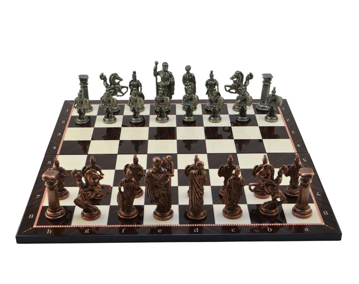 GiftHome Battal Boy Metal ROMA Satranç Takımı Antik ve Katlanır Ceviz Desenli MDF Satranç Tahtası (43X43 cm.)