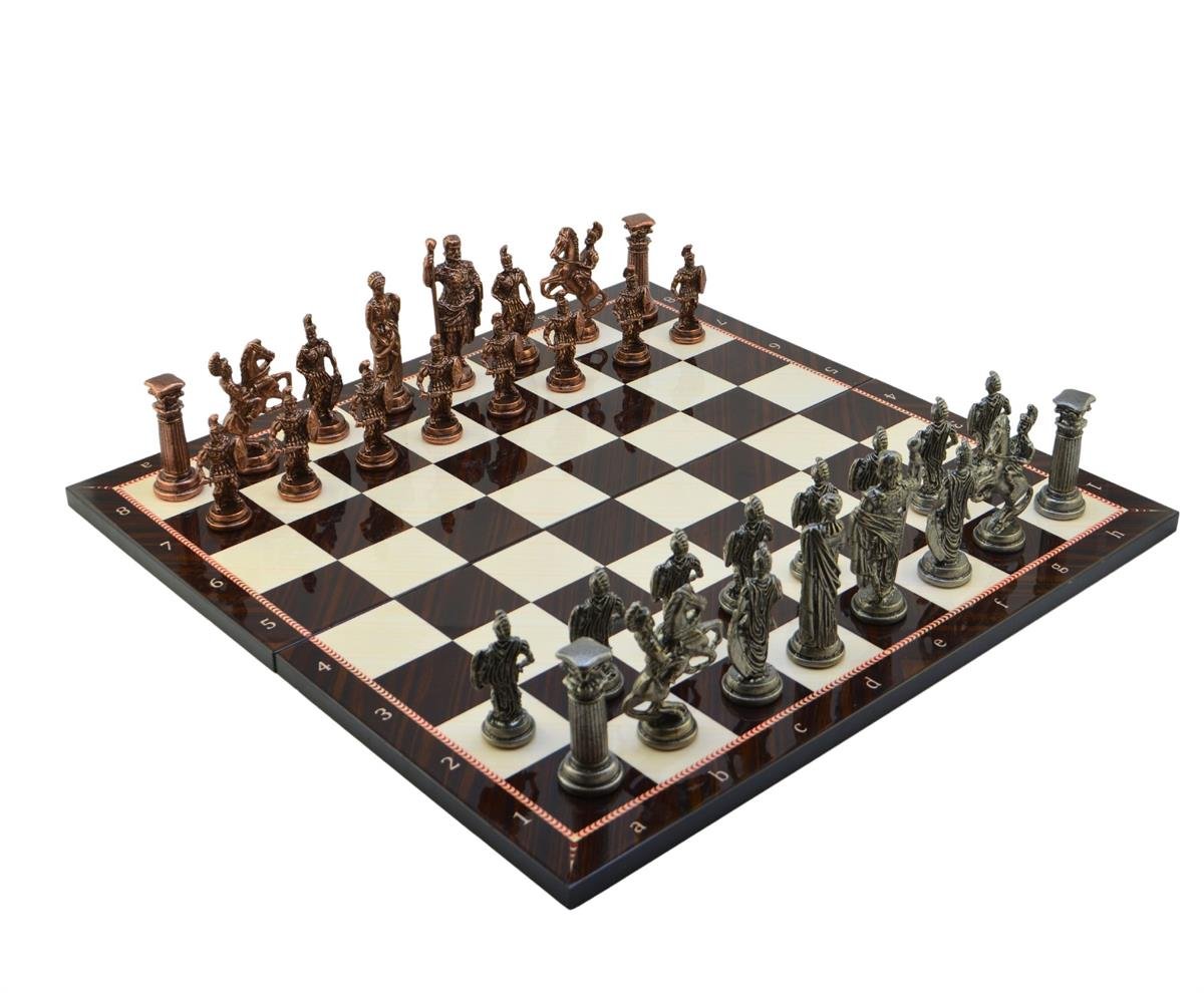 GiftHome Battal Boy Metal ROMA Satranç Takımı Antik ve Katlanır Ceviz Desenli MDF Satranç Tahtası (43X43 cm.)