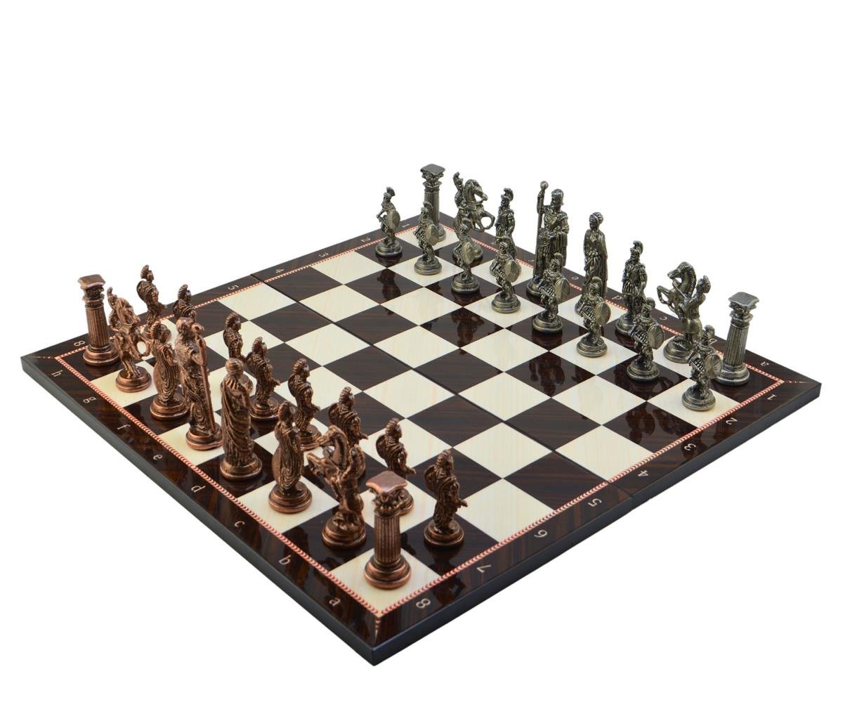 GiftHome Battal Boy Metal ROMA Satranç Takımı Antik ve Katlanır Ceviz Desenli MDF Satranç Tahtası (43X43 cm.)