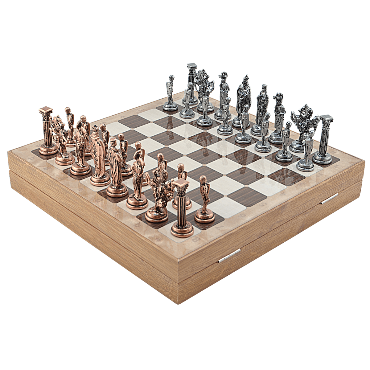 GiftHome Büyük Boy Metal İNGİLİZ Satranç Tk. Antik ve Rustik Desenli Sandıklı MDF Tahtası(36X36X6 cm.) 