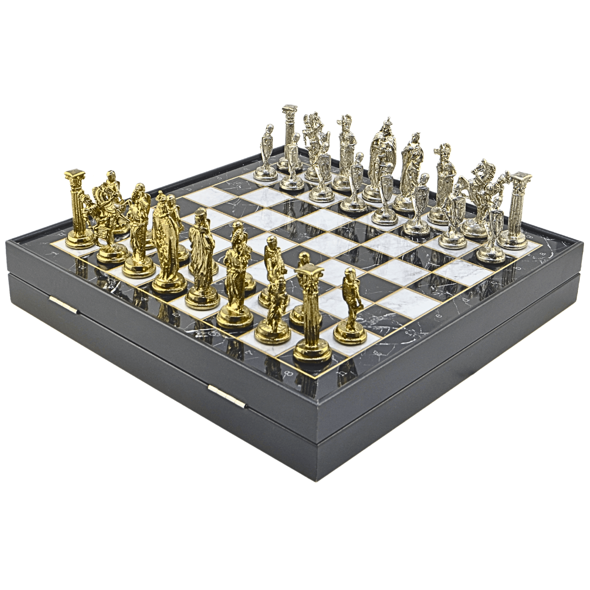 GiftHome Büyük Boy Metal İNGİLİZ Satranç Tk. Parlak ve Mermer Desenli Sandıklı MDF Tahtası(36X36X6 cm.) 