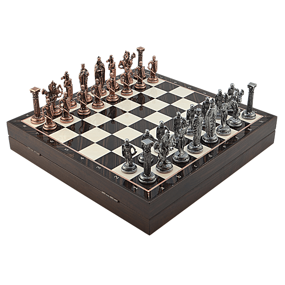 GiftHome Büyük Boy Metal İNGİLİZ Satranç Tk. Antik ve Ceviz Desenli Sandıklı MDF Tahtası(36X36X6 cm.) 