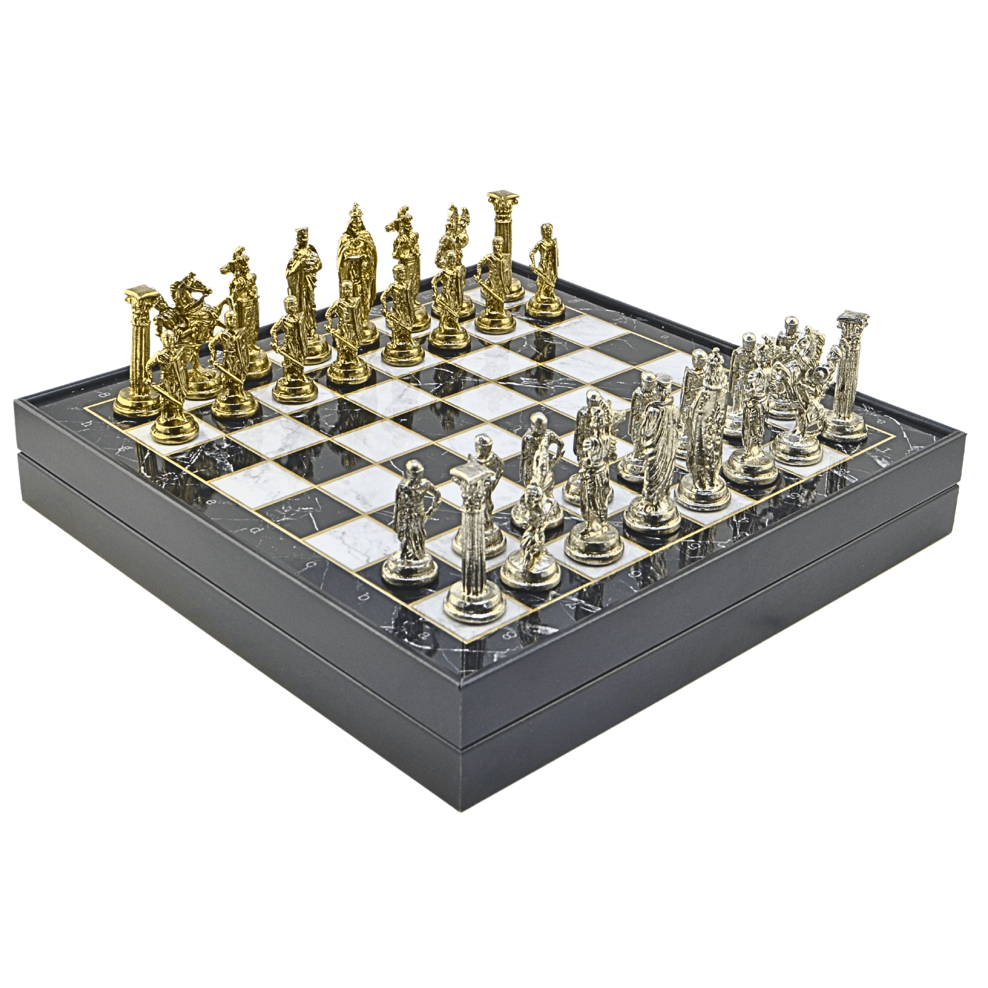 GiftHome Büyük Boy Metal İNGİLİZ Satranç Tk. Parlak ve Mermer Desenli Sandıklı MDF Tahtası(36X36X6 cm.) 