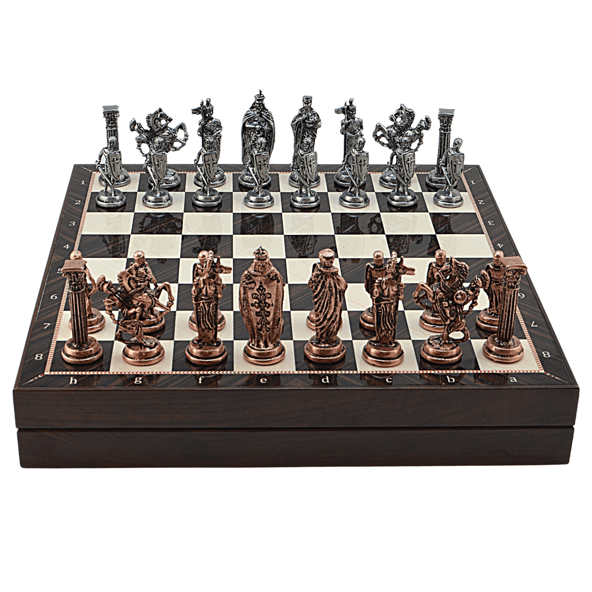 GiftHome Büyük Boy Metal İNGİLİZ Satranç Tk. Antik ve Ceviz Desenli Sandıklı MDF Tahtası(36X36X6 cm.) 