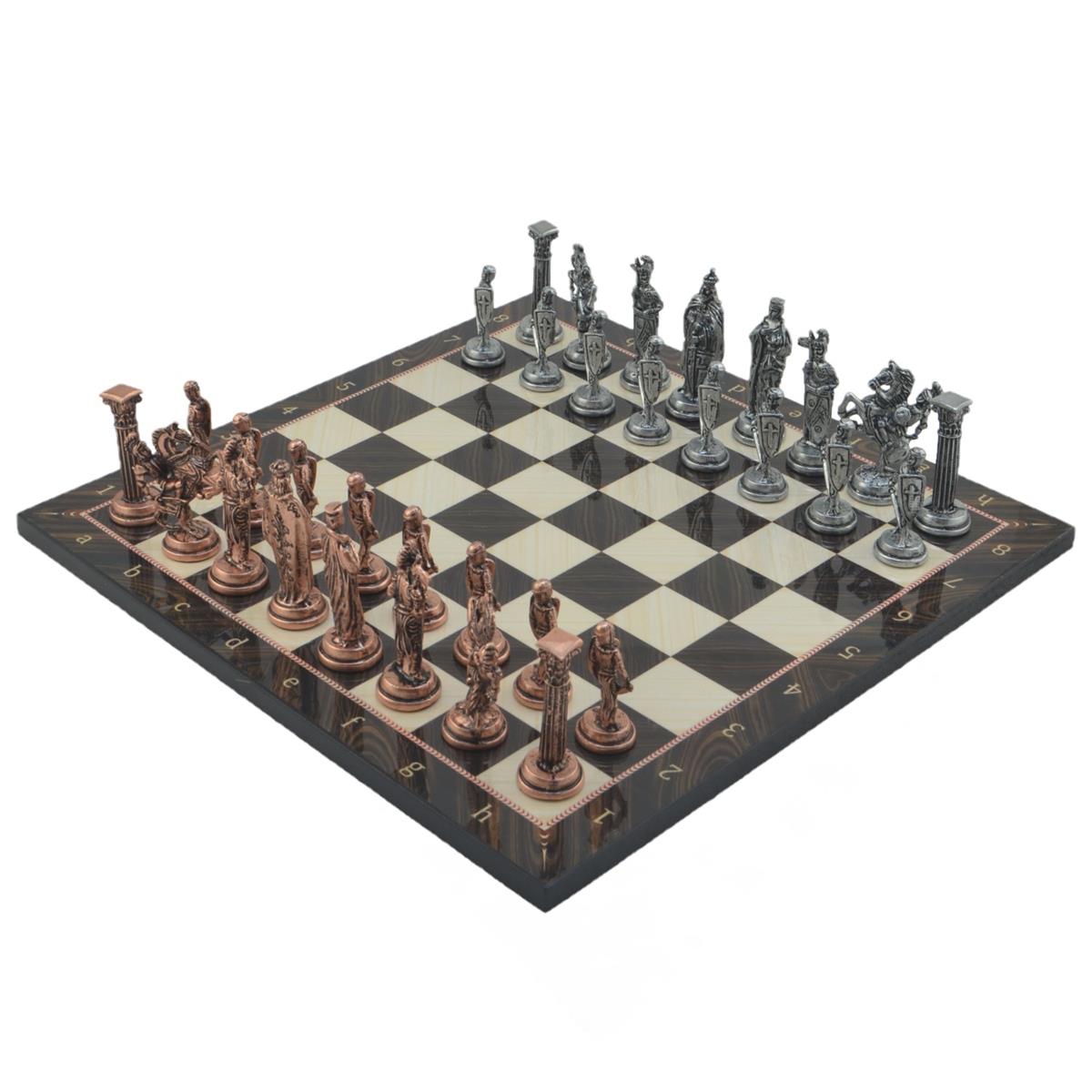 GiftHome Büyük Boy Metal İNGİLİZ Satranç Takımı Antik ve Katlanır Ceviz Desenli MDF Satranç Tahtası (43X43 cm.)