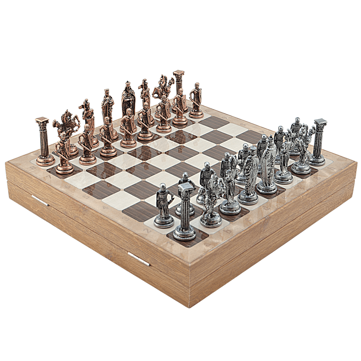 GiftHome Büyük Boy Metal İNGİLİZ Satranç Tk. Antik ve Rustik Desenli Sandıklı MDF Tahtası(36X36X6 cm.) 