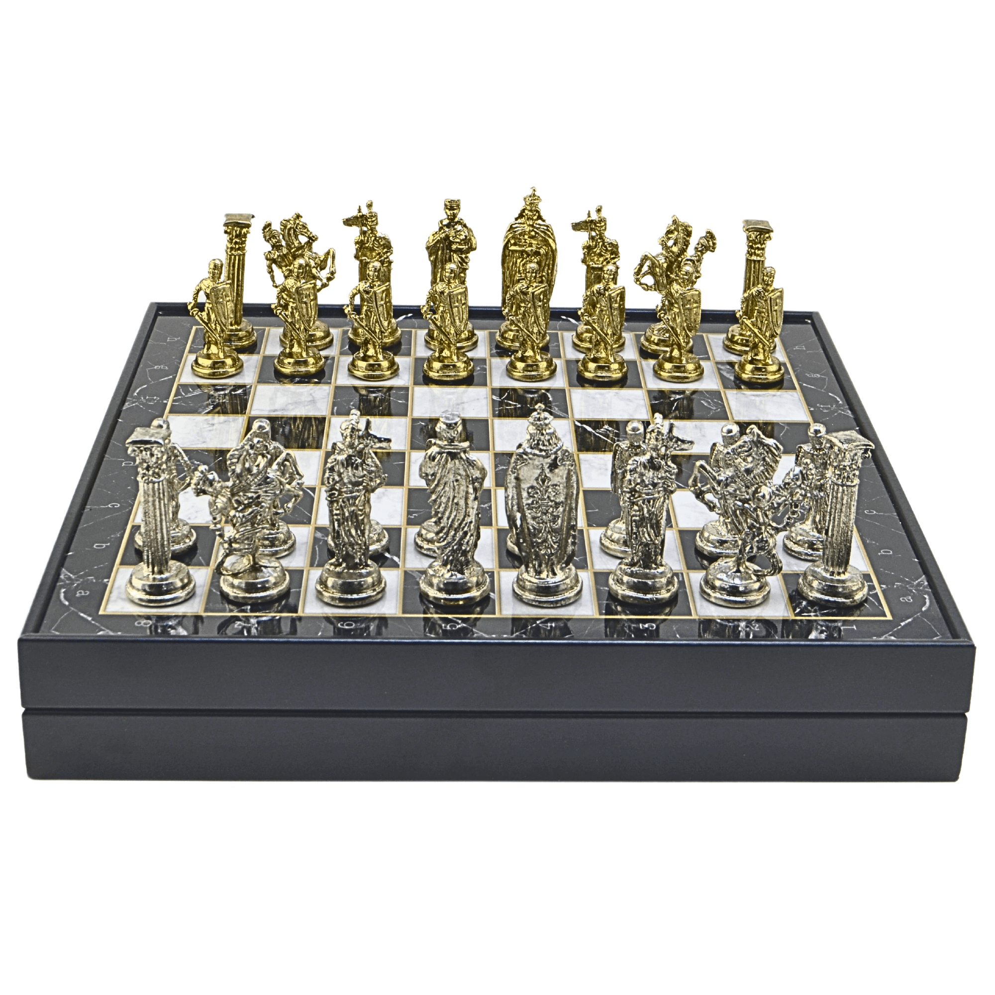 GiftHome Büyük Boy Metal İNGİLİZ Satranç Tk. Parlak ve Mermer Desenli Sandıklı MDF Tahtası(36X36X6 cm.) 