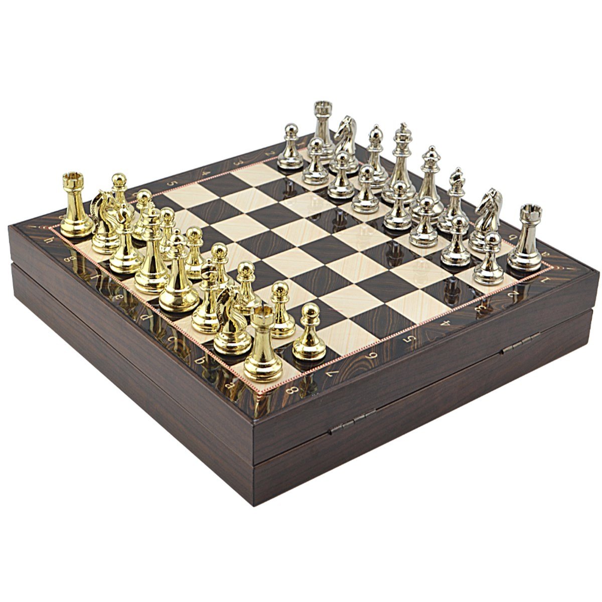 GiftHome Büyük Boy Metal Klasik Satranç Tk. Parlak ve Ceviz Desenli Sandıklı MDF Tahtası(36X36 cm.) 