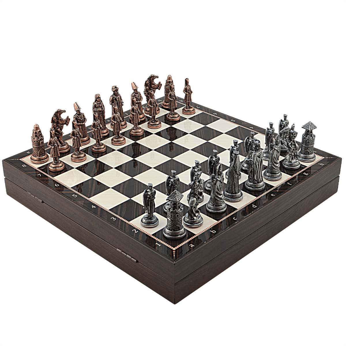 GiftHome Büyük Boy Metal OSMANLI-BİZANS Satranç Tk. Antik ve Ceviz Desenli Sandıklı MDF Tahtası(36X36 cm.) 