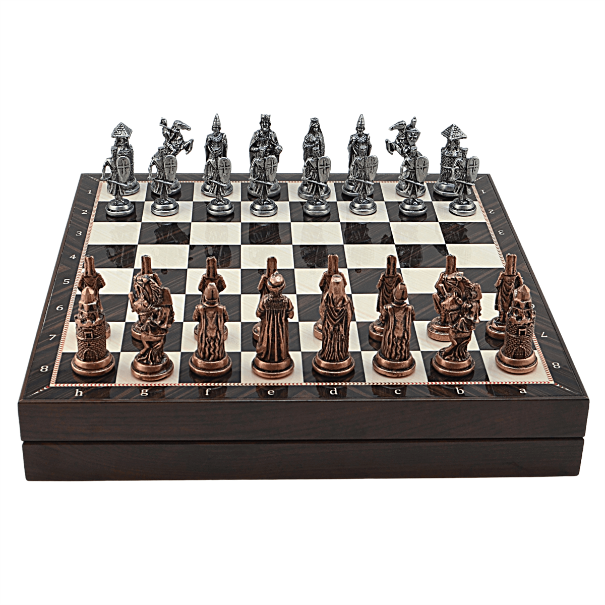 GiftHome Büyük Boy Metal OSMANLI-BİZANS Satranç Tk. Antik ve Ceviz Desenli Sandıklı MDF Tahtası(36X36 cm.) 