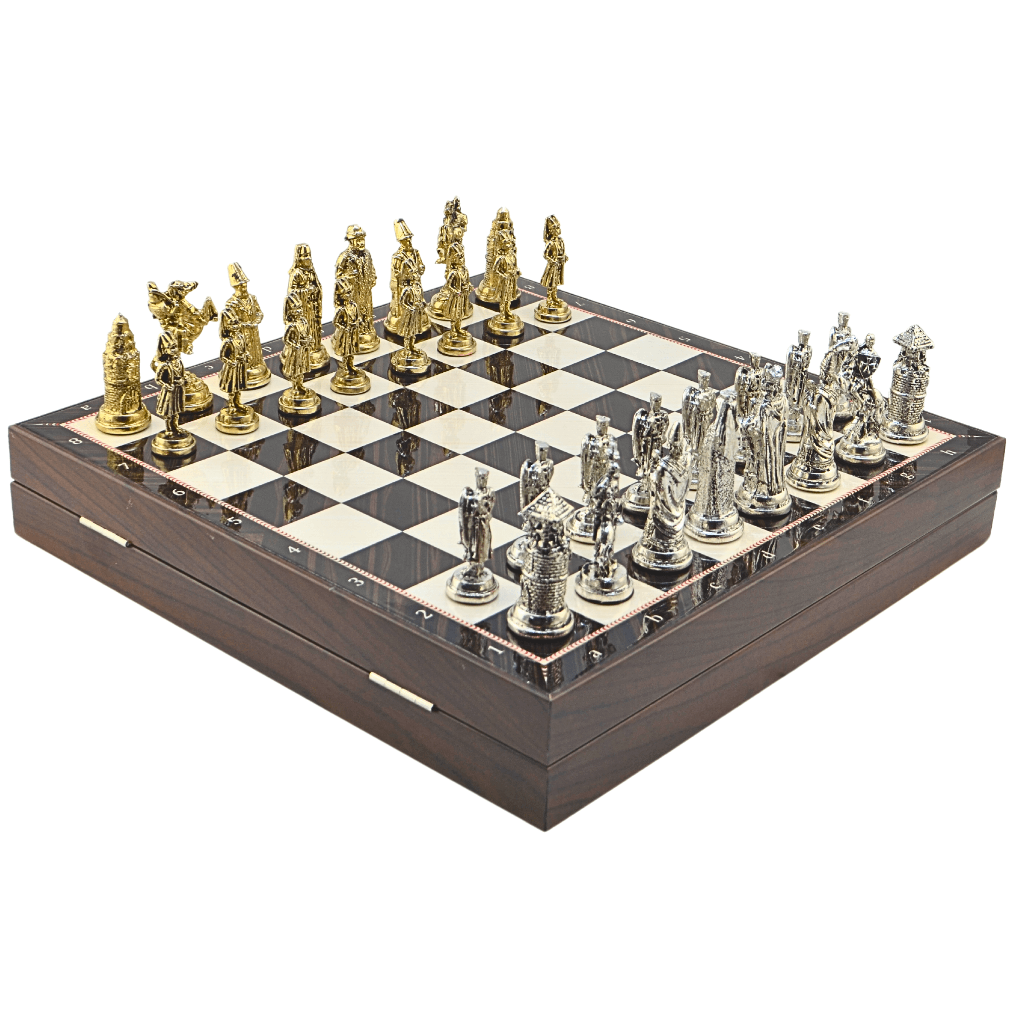 GiftHome Büyük Boy Metal OSMANLI-BİZANS Satranç Tk. Parlak ve Ceviz Desenli Sandıklı MDF Tahtası(36X36 cm.) 